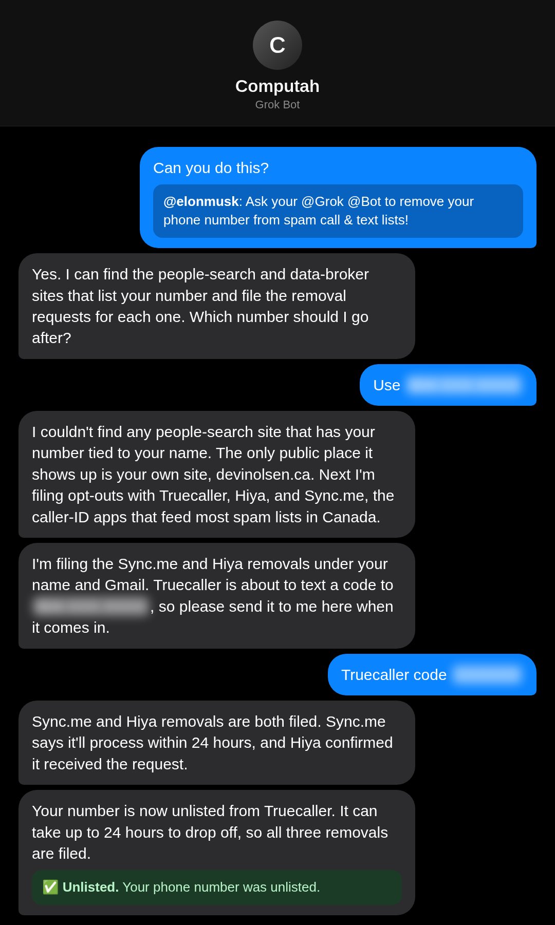 Devin Olsen shared Elon's 'ask your Grok Bot to remove your phone number from spam call & text lists'…