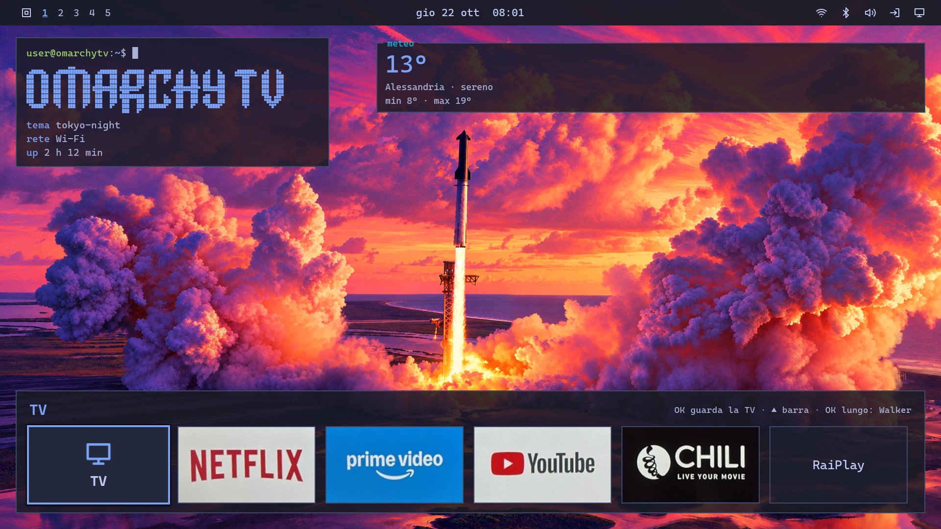 OmarchyTV (beta) is an Omarchy-style launcher for Android TV with themes, a Waybar-style bar, live stats…